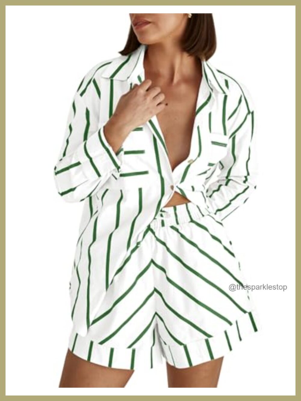 Women's Striped 2 Piece Set Button Down Shirt & Drawstring Shorts Lounge